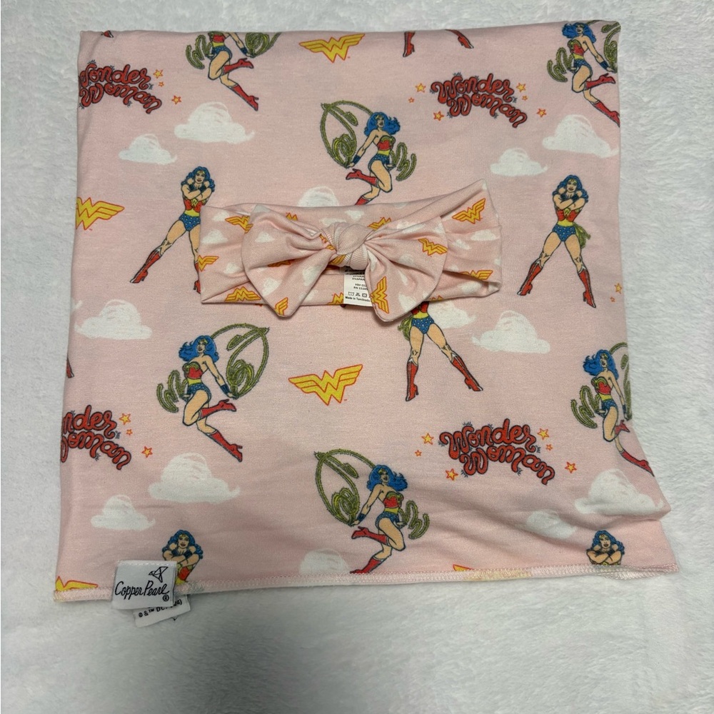 Copper Pearl Wonder Woman Swaddle & Bow Set DC Baby Blanket GUC
